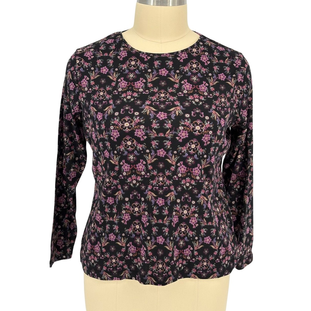 Croft & Barrow The Classic Tee Black Floral Long Sleeve 100% Cotton XXL